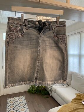 Grace Washed Blue Embroidered Fringe Denim Mini Skirt